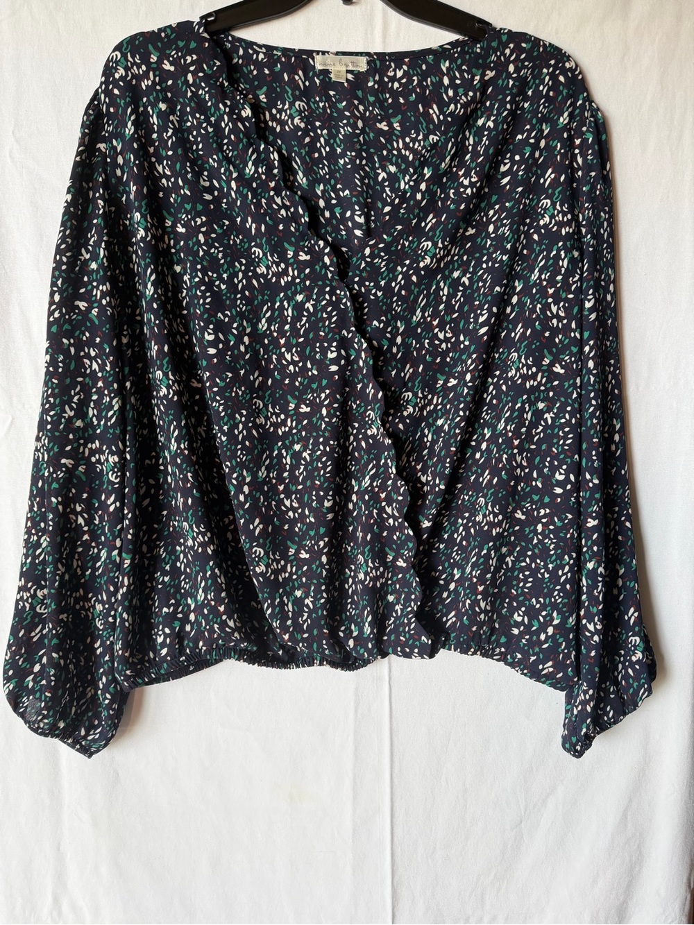 nine britton Navy Wrap-Front Blouse with Teal and White Flecks